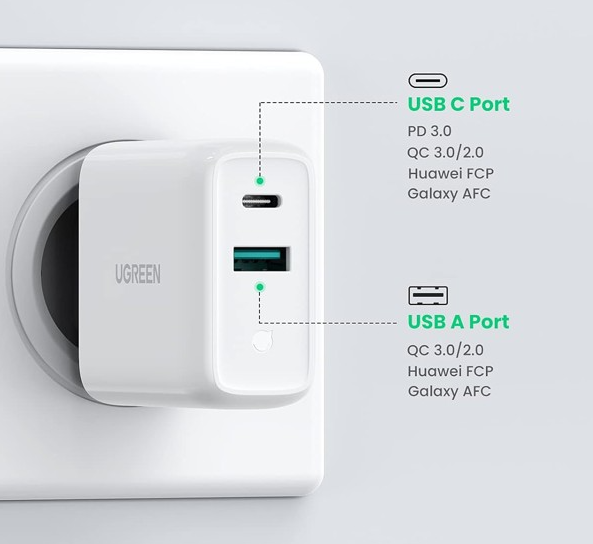 Củ Sạc nhanh 2 cổng USB A và USB Type-C 36W Ugreen 60468 màu trắng - Hàng chính hãng