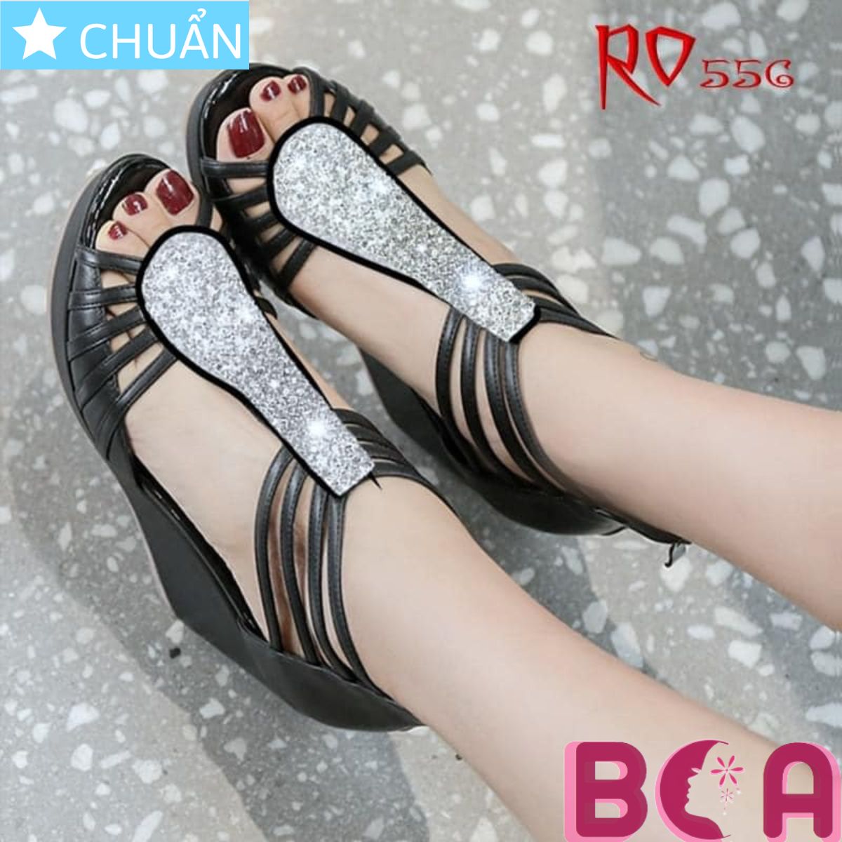 Giày sandal đế xuồng nữ 9p RO556 màu đen ROSATA tại BCASHOP kiểu dáng thoải mái kết hợp với mảng đính đá sang trọng