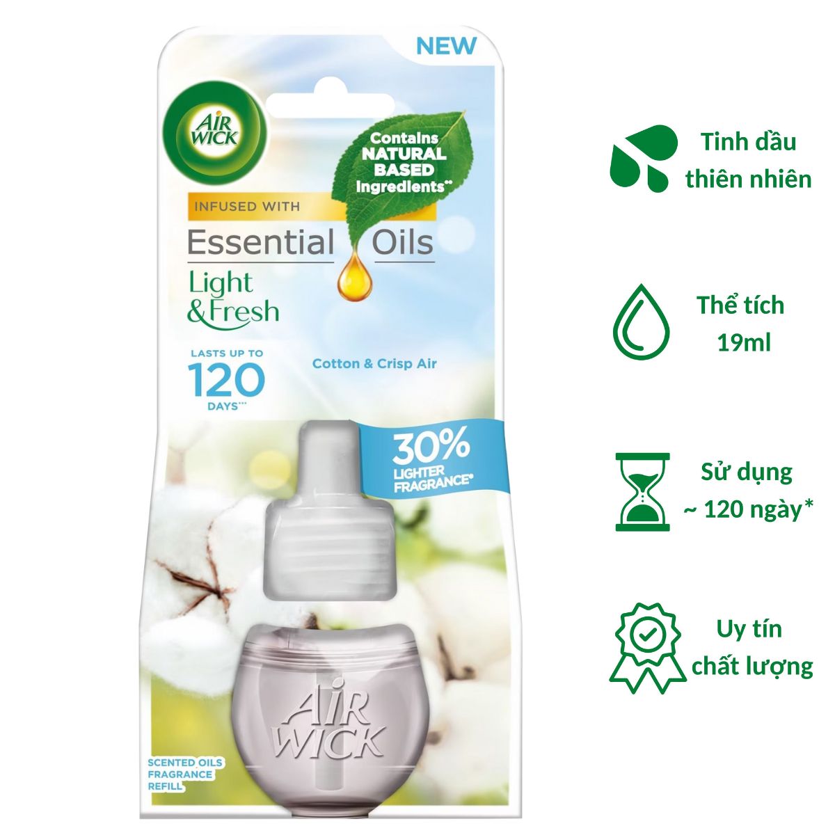 Chai tinh dầu cắm điện Air Wick Refill AWK3172 Cotton &amp; Crisp Air 19ml (Hương hoa bông), sử dụng điện 220V