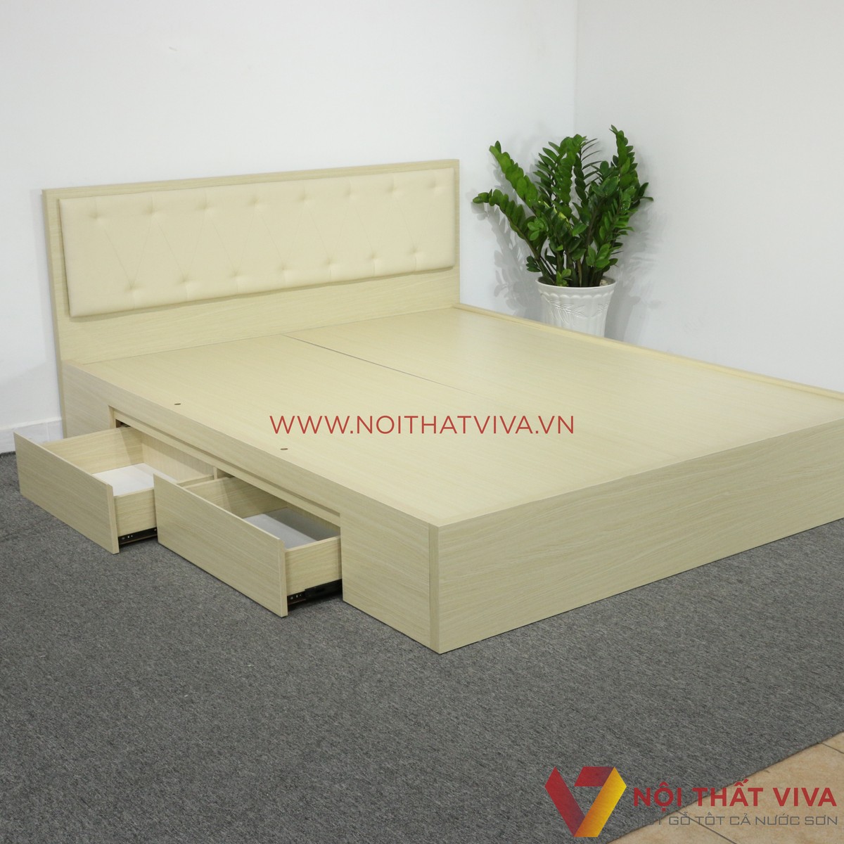 Giường Ngủ Gỗ MDF Melamine Màu Vàng Kem Có Ngăn Kéo + Đầu Nệm Đẹp