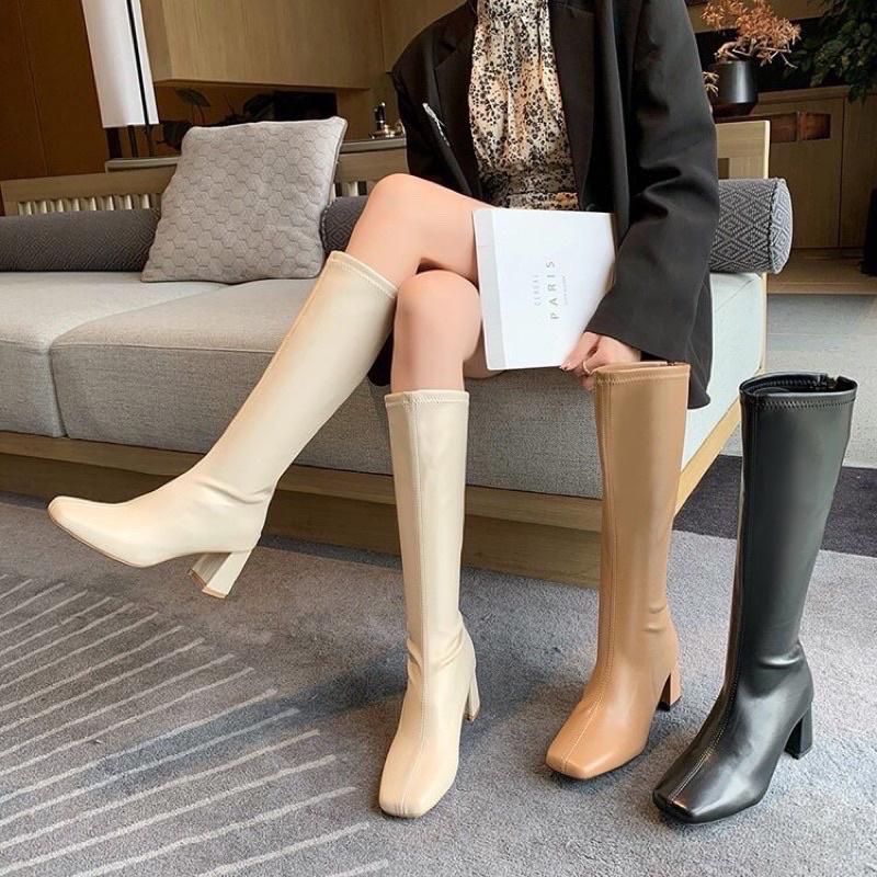 Boot đùi da lì cao cổ khoá kéo sau gót vuông 6-7p ,Hàng dày dặn lót lông sịn loại 1 fullbox mềm êm, tôn dáng chân dài B5