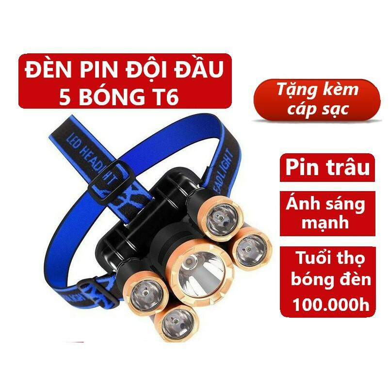 Đèn Pin Đội Đầu Đeo Trán 5 Bóng T6 Siêu Sáng Kèm Pin Sạc Siêu Tiện Lợi