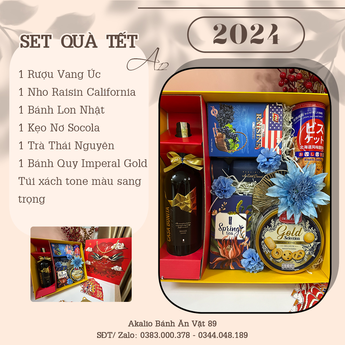 Set Hộp Quà Tết Lục Hợp Đồng Xuân Sang Trọng Thích Hợp Để Biếu Tặng Dịp Năm Mới Có Vang Đỏ, Trà, Bánh Kẹo Đủ Đầy, Ý Nghĩa