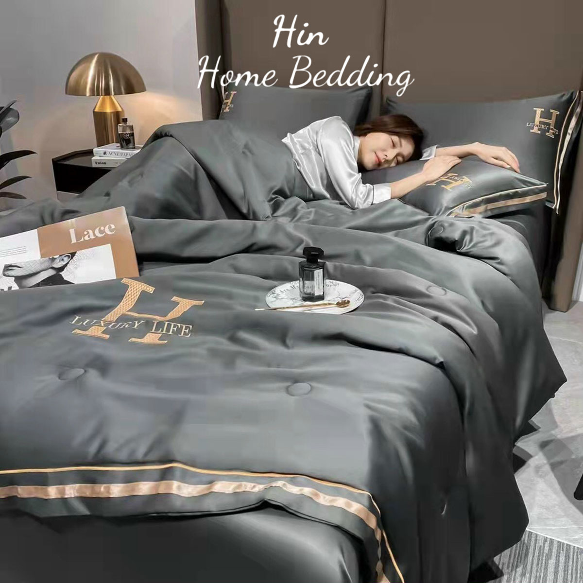 Bộ Chăn Ga Gối Đệm 5 Món Chăn Phao Lụa Thái Hin Home Bedding Drap Giường Lụa Mẫu Xám Lông Chuột