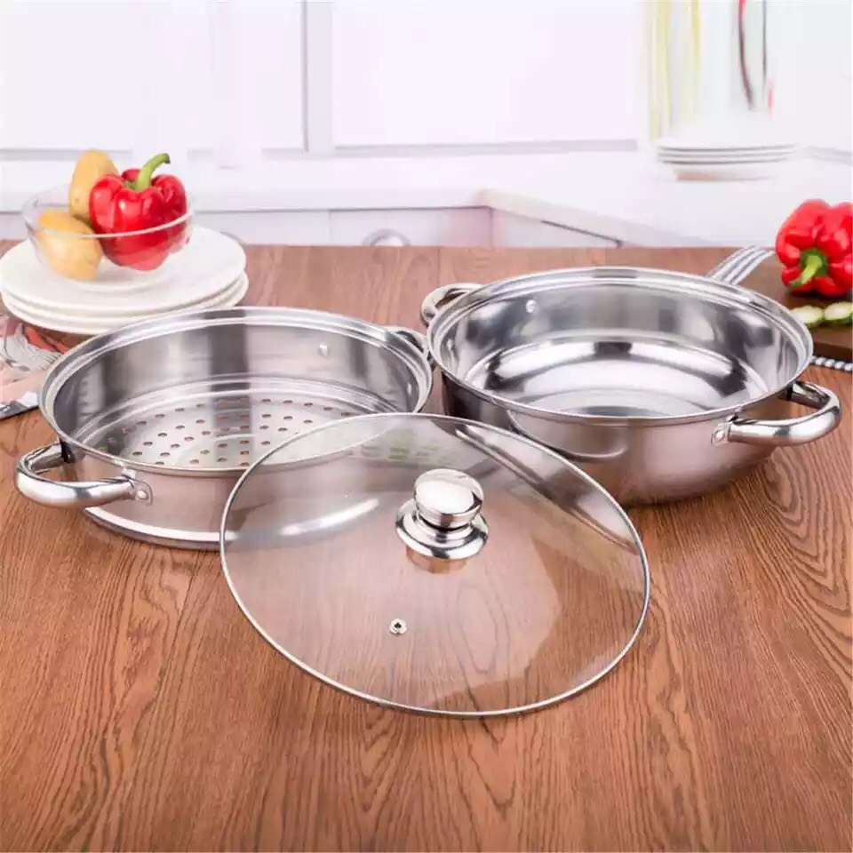 Nồi Hấp 2 Tầng Kèm Xưởng Hấp Đa Năng 28cm Nắp Kính, Nổi Lẩu Dẫn Nhiệt Tốt