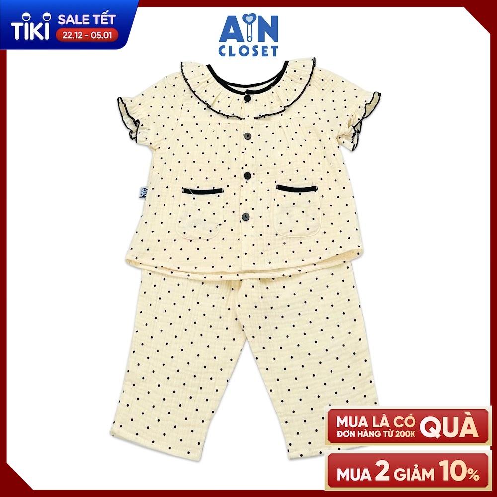 Bộ quần áo dài tay ngắn bé gái họa tiết Bi Đen xô muslin - AICDBG3B4LJZ - AIN Closet