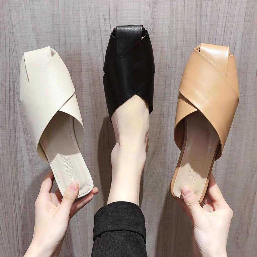 Giày sục đan 3 dây- mũi vuông- form chuẩn đế thấp 1cm