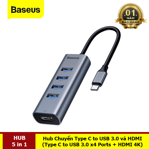 Hub Chuyển Đổi Type C to USB 3.0 và HDMI Enjoy Series cho Smartphone/ Tablet / Laptop Windows/ Mác Búc (Type C to USB 3.0 x4 Ports + HDMI 4K intelligent HUB Adapter ) - Hàng Chính Hãng Baseus