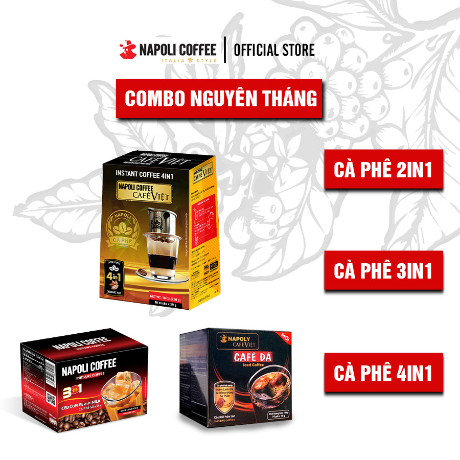 COMBO Đặc Biệt 3 Hộp Cà Phê Đen & Sữa & Socola Napoli Coffee - Cafe Hoà Tan 2in1 - 3in1 - 4in1 - Cà Phê SẠCH