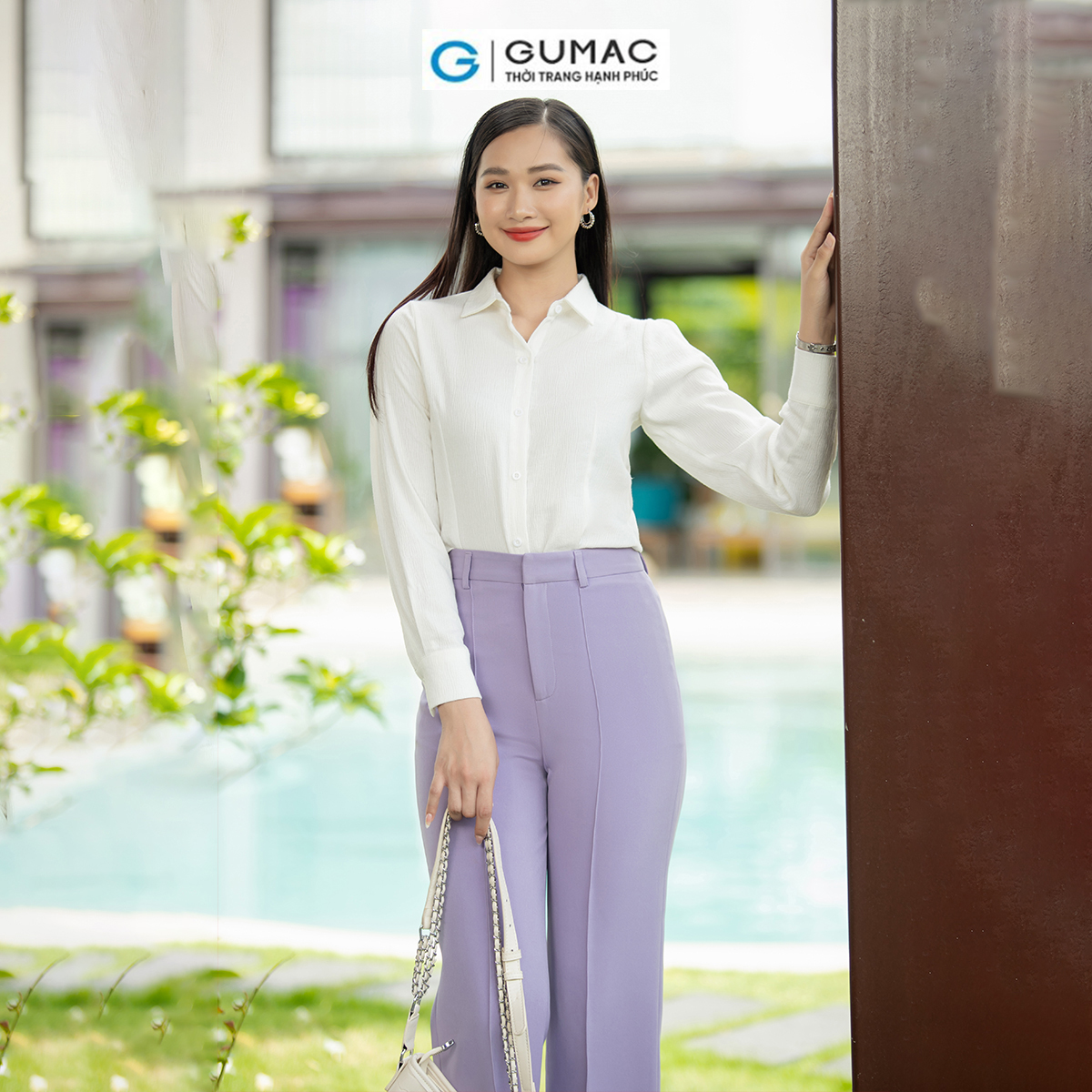 Áo sơ mi nữ slim tay dài vải ánh gân công sở thanh lịch thời trang GUMAC AD07046