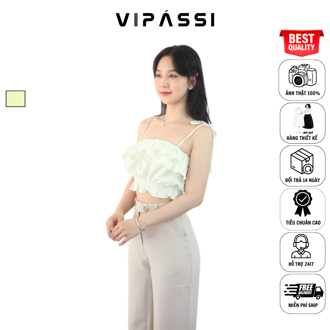 VIPÁSSI - Áo Hai Dây Linen Nhún Phối Bèo 2 Tầng Xanh Nhạt Ngắn Bo Thun Eo