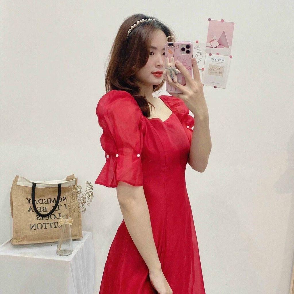 Đầm Tay Nhún Đính Ngọc, Cổ Vuông, 2 Màu Tinh Tế