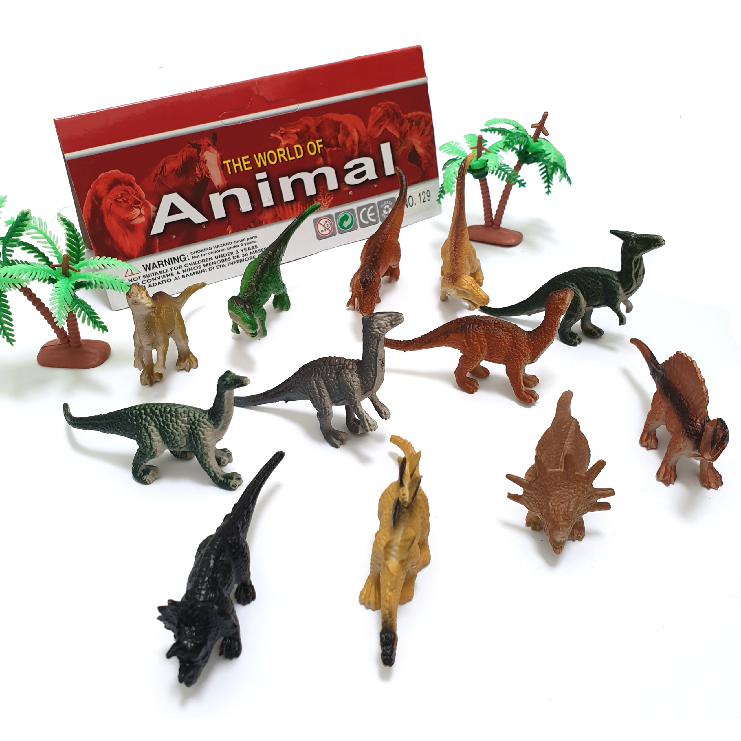 Bộ đồ chơi 12 mô hình khủng long mini Animal World 129 kèm cây trang trí (4x8 cm)