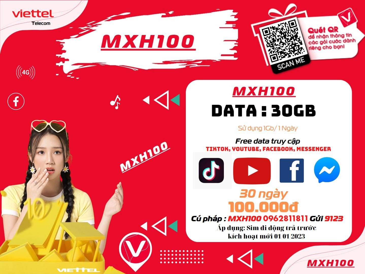 Sim 4G VIETTEL Gói mạng xã hội MXH100 - Free Data lướt Tiktok, Youtube, FB trọn gói 12 tháng không nạp tiền - Hàng Chính Hãng