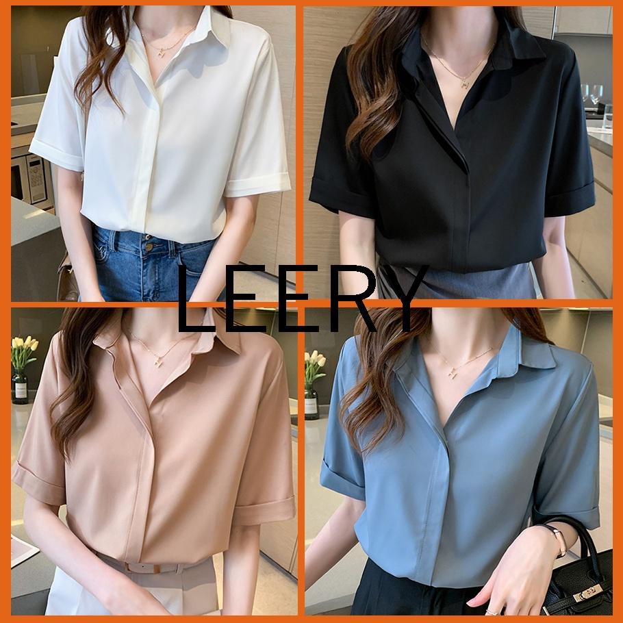Áo sơ mi nữ công sở đẹp form rộng kiểu tay lỡ Hàn Quốc vải lụa cao cấp màu Đen Trắng Be Xanh form rộng LEERY S.M-02