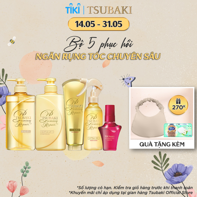 Bộ sản phẩm Tsubaki Premium Phục hồi ngăn rụng tóc chuyên sâu (Gội xả 490ml/chai + kem xả 180g + xịt dưỡng 220ml + dầu dưỡng 50ml)