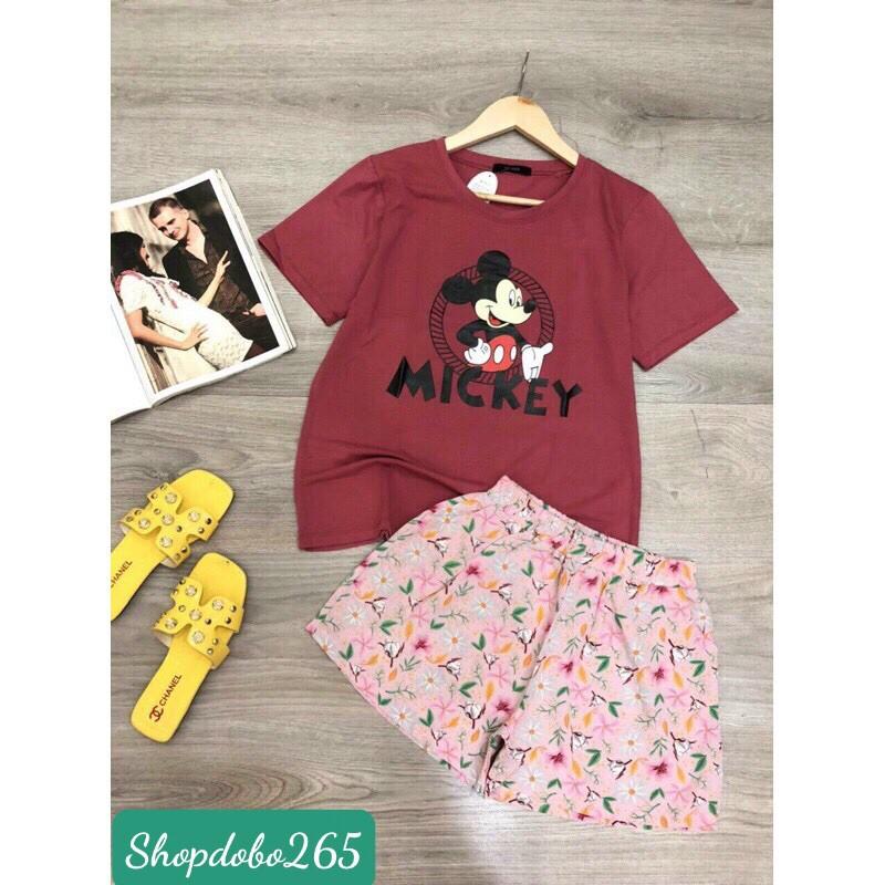 Đồ bộ nữ,đồ ngủ mặc nhà đùi áo thun cotton phối quần vải lụa size 45-57kg.