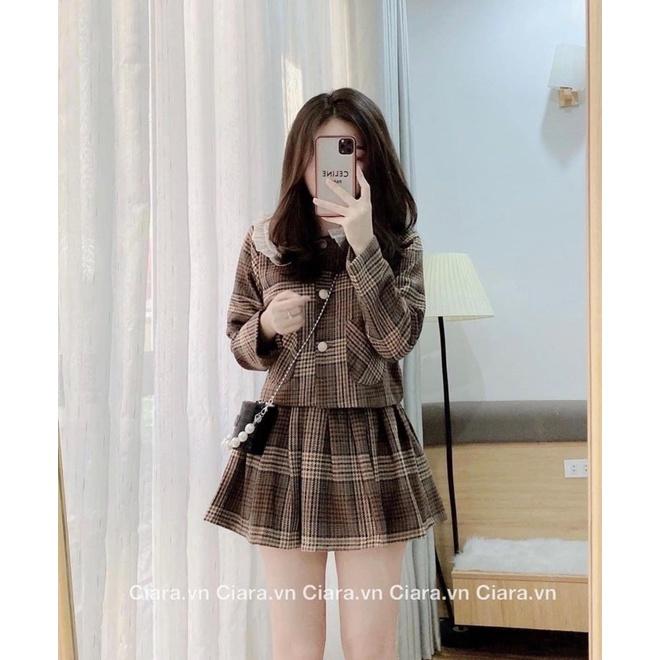 Set Dạ Kẻ Nâu Áo Dạ Mix Chân Váy Xếp Ly Có Ảnh Thật Kèm Video