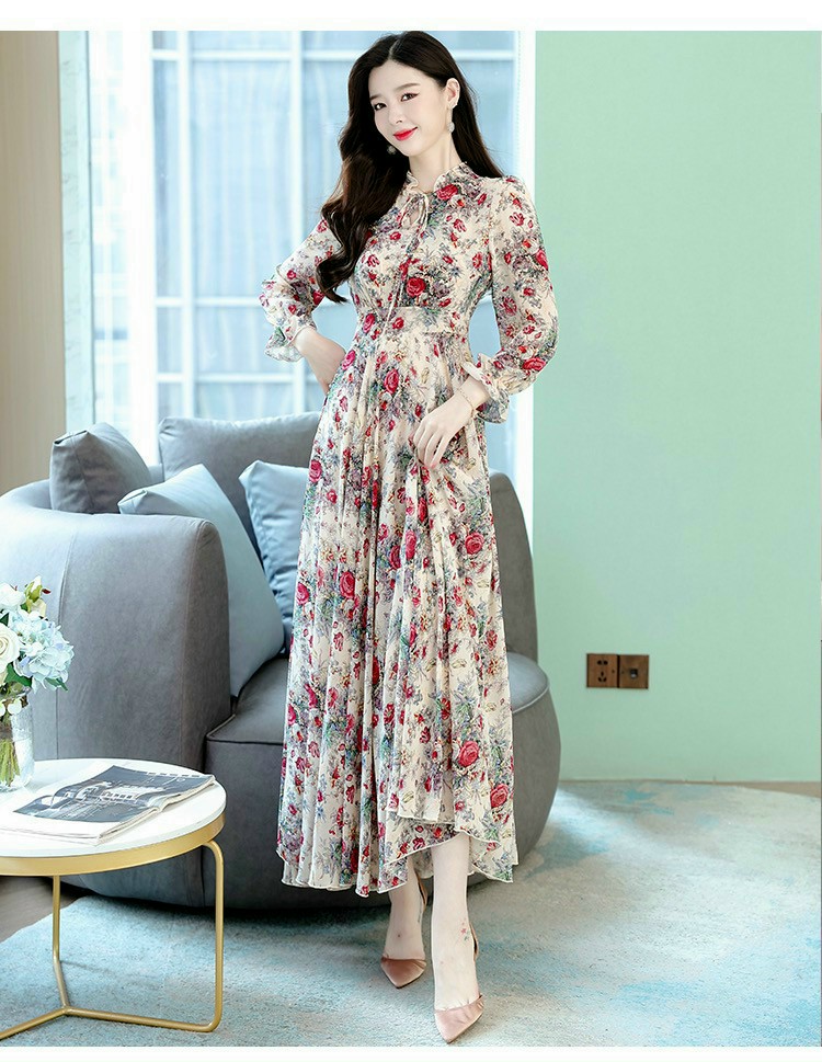 ĐẦM MAXI VOAN HOA TAY DÀI CỔ VIỀN BÈO THẮT DÂY NƠ