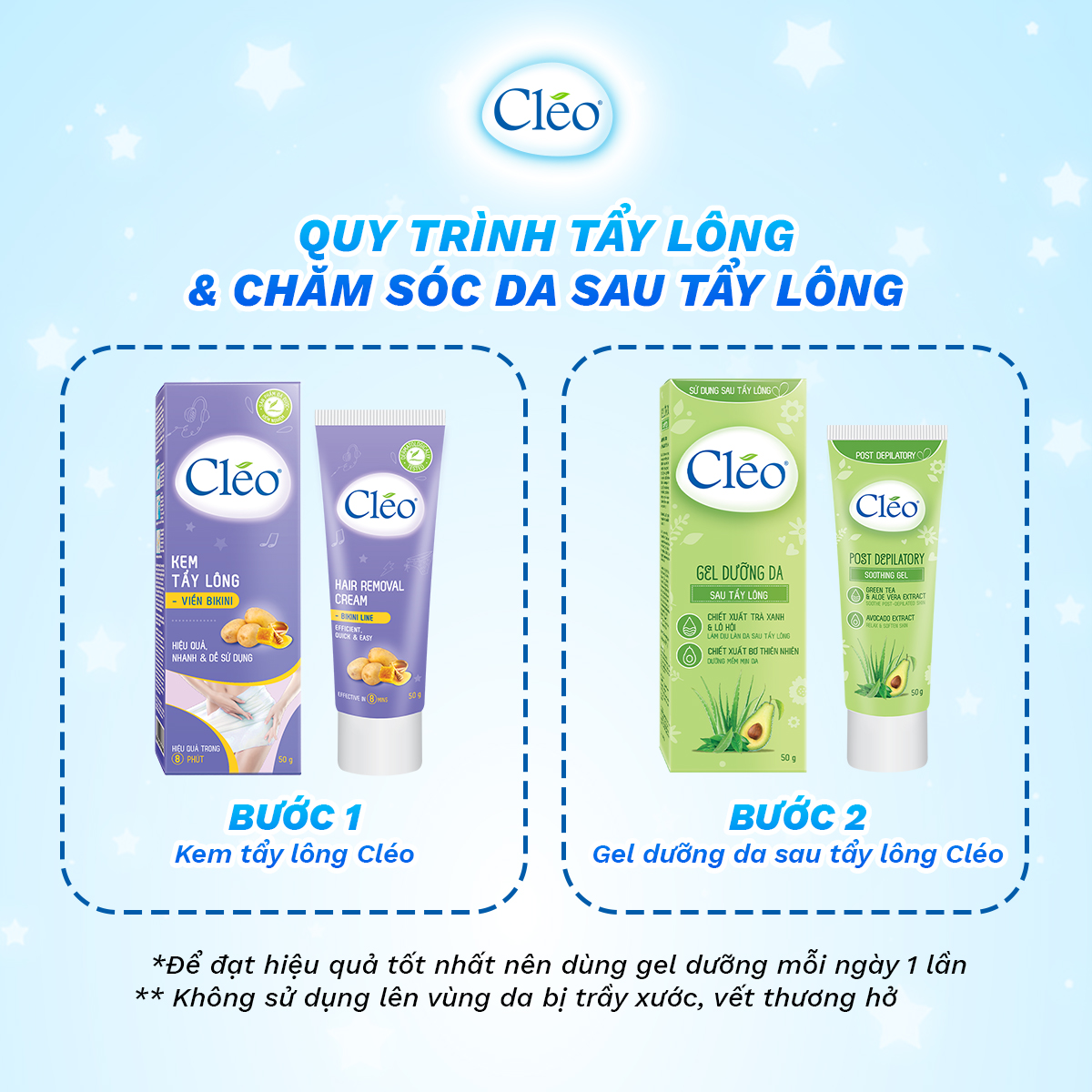 Combo tẩy lông Bikini Cléo 50g, an toàn không đau, hiệu quả trong 8 phút và gel dưỡng ẩm mịn da Cléo 50g