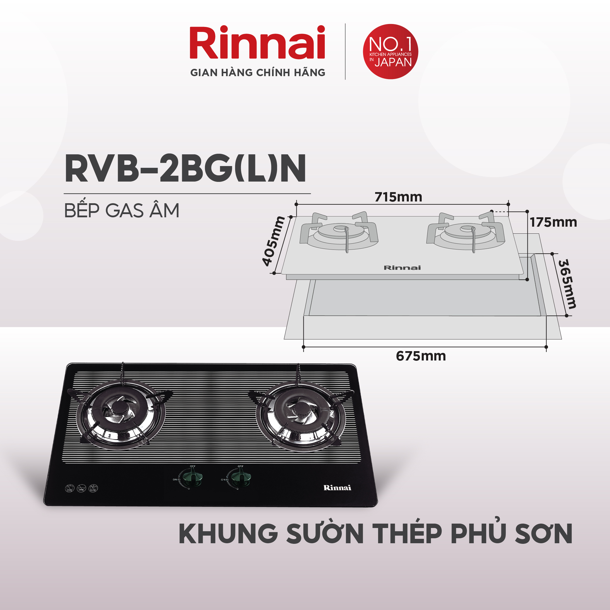 Bếp gas âm Rinnai RVB-2BG(L)N mặt bếp kính và kiềng bếp men - Hàng chính hãng.