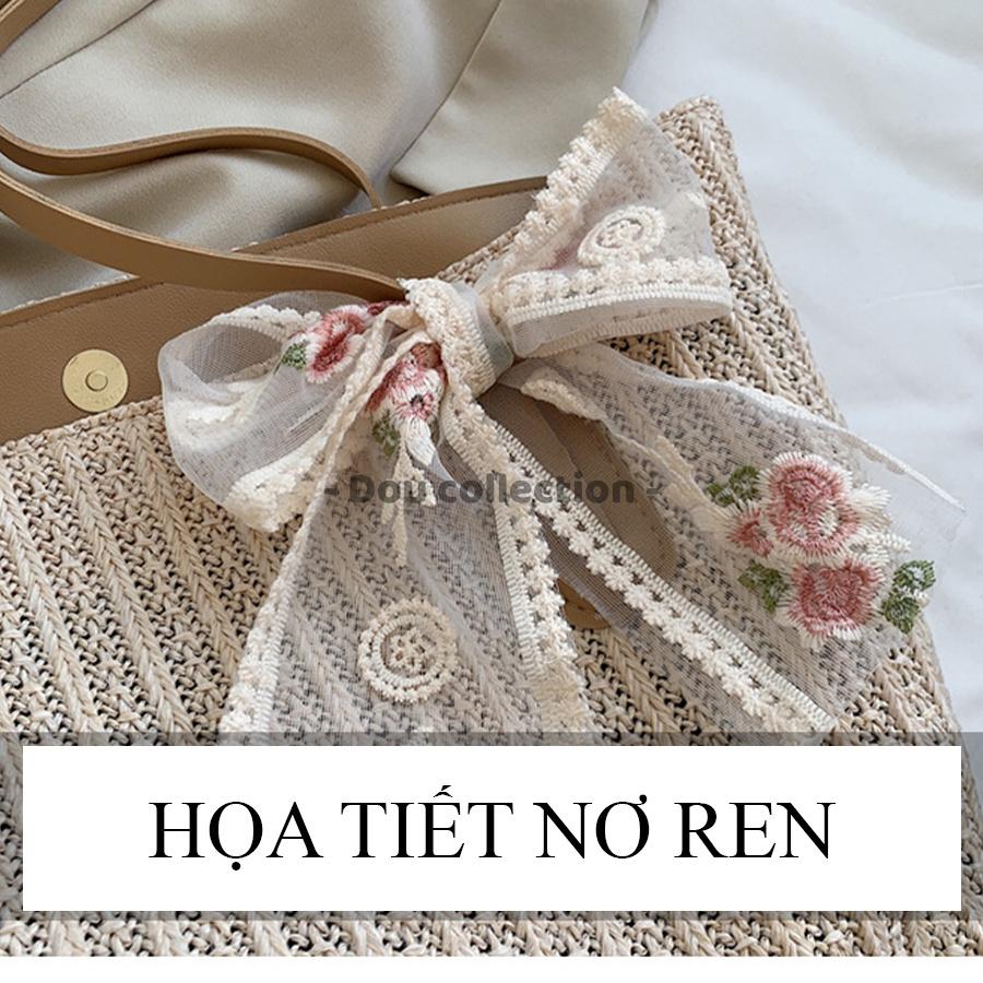 Túi Cói Đeo Vai (Túi Xách Kẹp Nách) Tote Trơn Phối Nơ Ren Thời Trang Đi Biển - Mã XT055