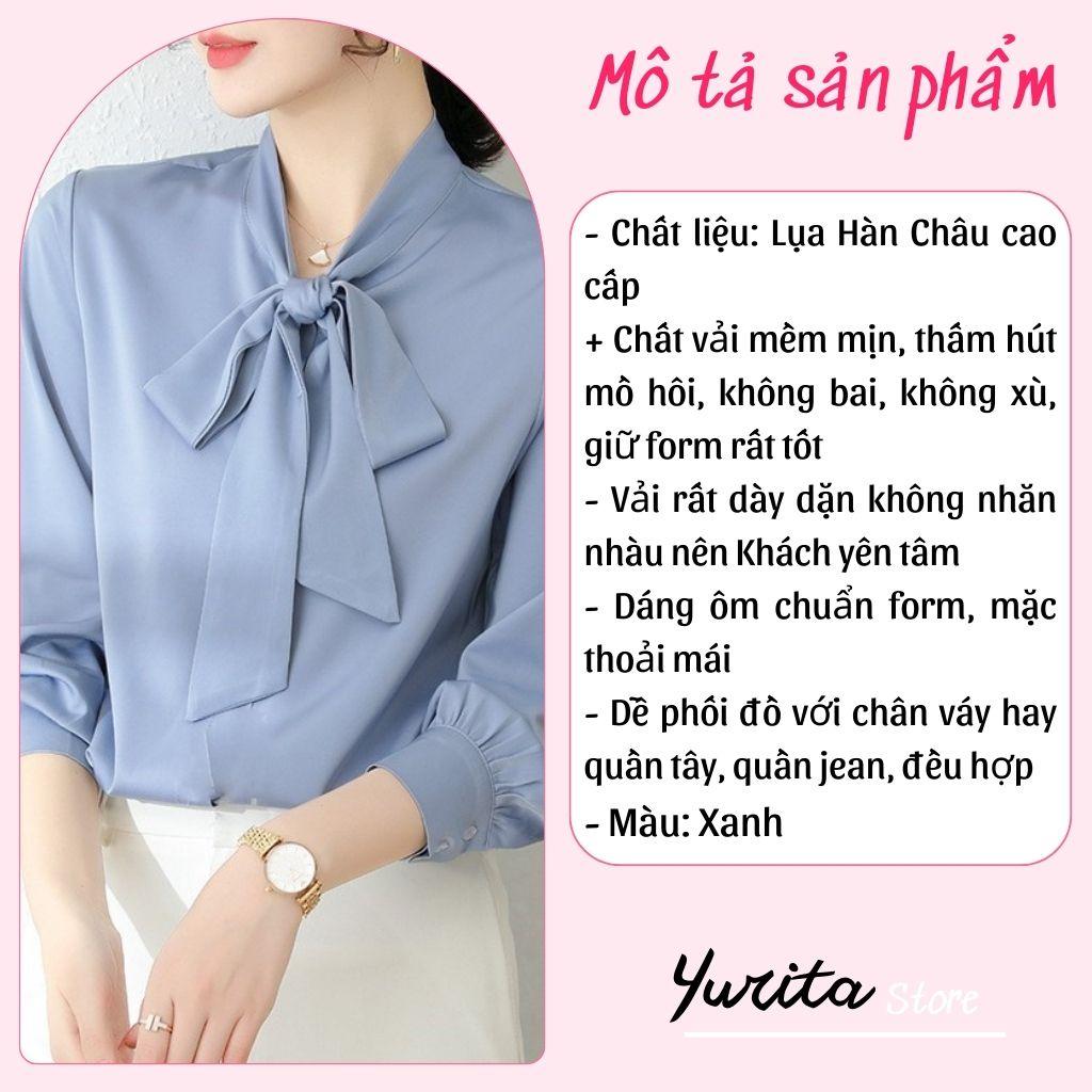 Áo Sơ Mi Kiểu Công Sở Đẹp YURITA Tay Dài Cổ Thắt Nơ Màu Xanh Chất Lụa Cao Cấp From Rộng Hàn Quốc Ulzzang Vintage A1X