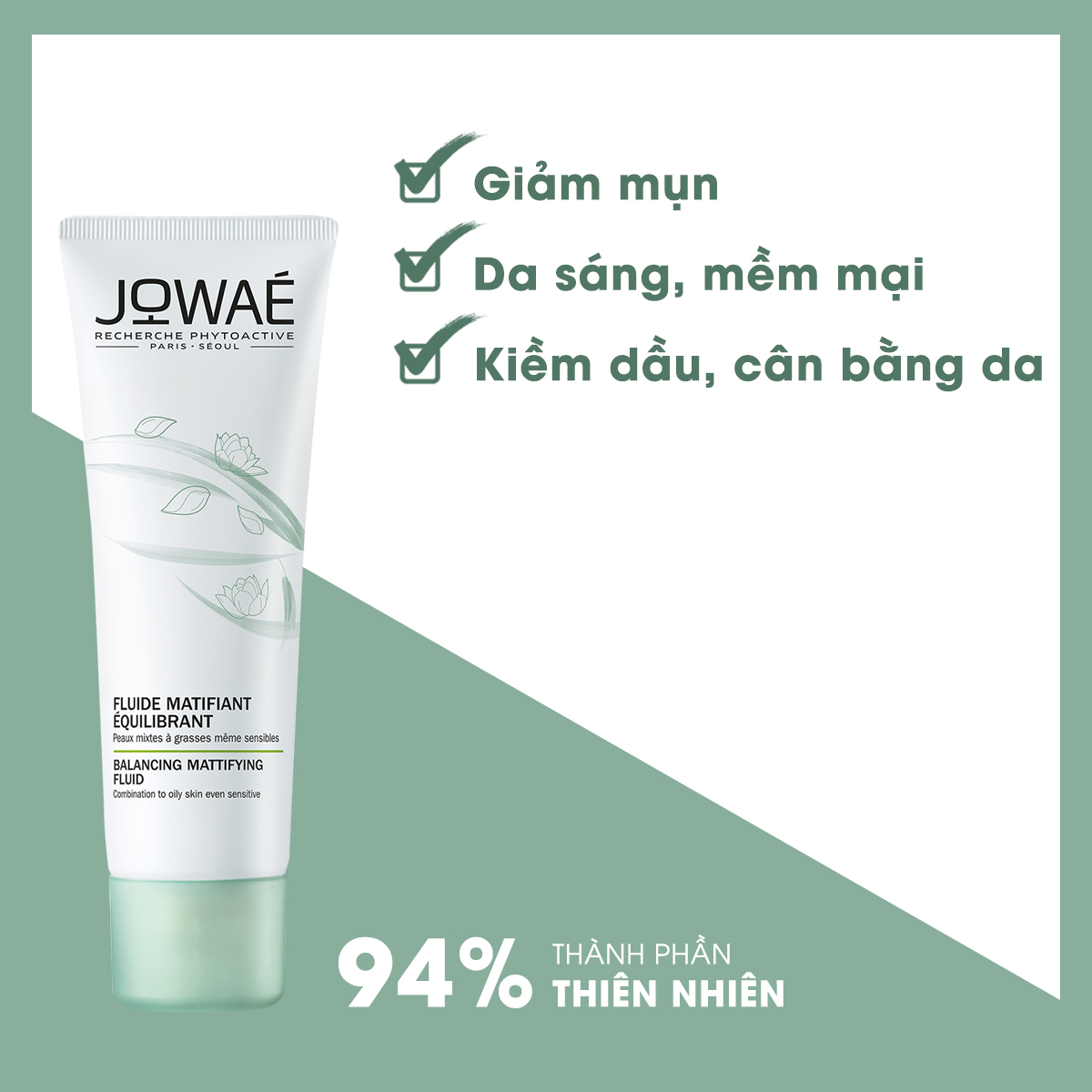 Kem cấp ẩm kiềm dầu cân bằng da JOWAE mỹ phẩm thiên nhiên nhập khẩu chính hãng từ Pháp BALANCING MATTIFYING FLUID 40ml