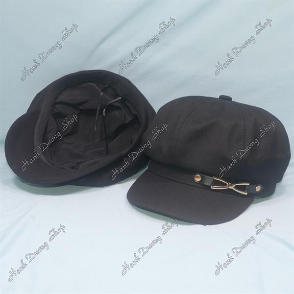 Nón mỏ vịt nữ gắn mặt sắt nơ phía trước, nón beret nữ hàng quảng châu phong cách cổ điển, nón nồi nữ, nón bí ngô, nón beret họa sĩ hàng quảng châu vòng đầu 57-58cm có 2 dây rút giảm size đầu - Đen