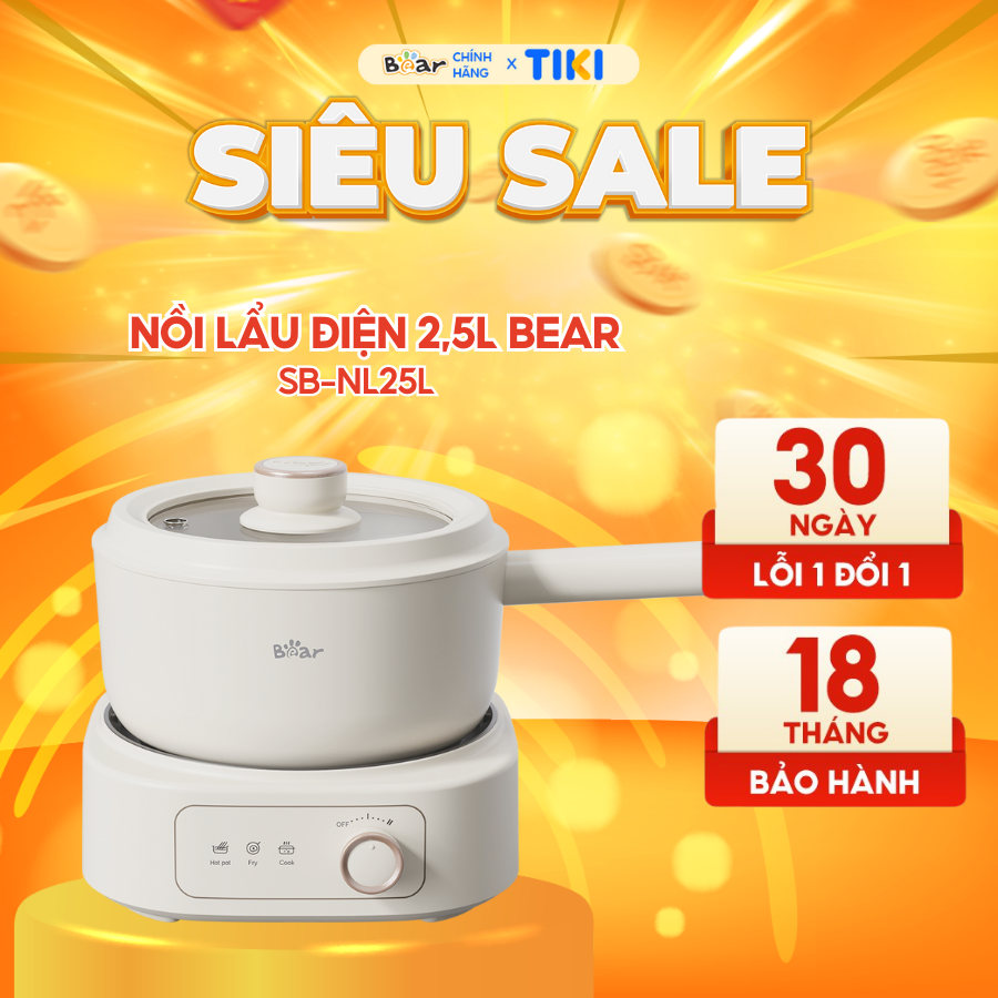 Bộ Bếp Điện Đơn Kèm Nồi Đa Năng 2.5L Bear Có Xửng Hấp, Nấu Lẩu Mini Siêu Chống Dính Đế Rời Sôi Cực Nhanh SB- NL25L - Hàng Chính Hãng
