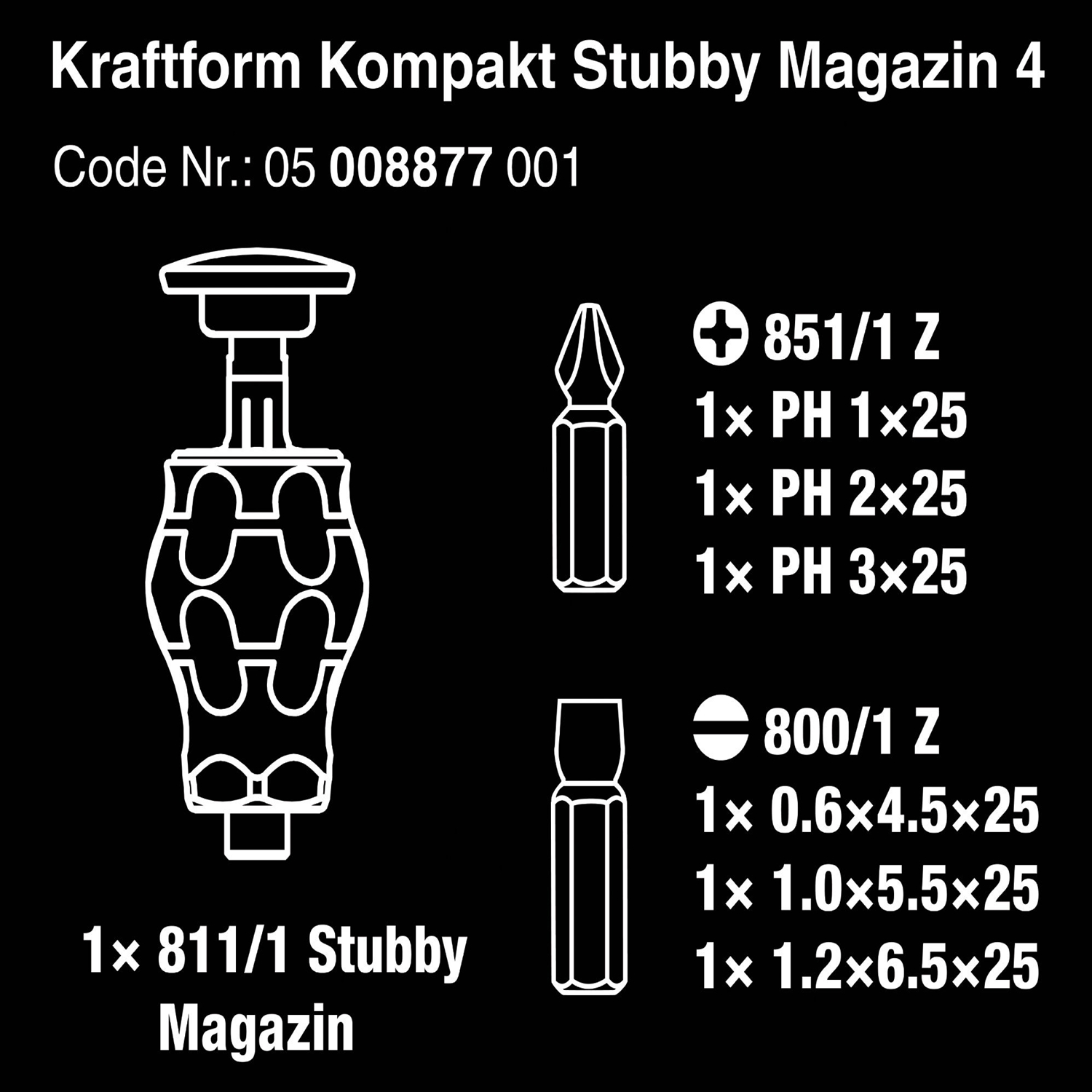 Dụng cụ mở vít Wera 05008877001 Kraftform Kompakt Stubby magazine 4 gồm 6 cái, dẹp và 4 cạnh