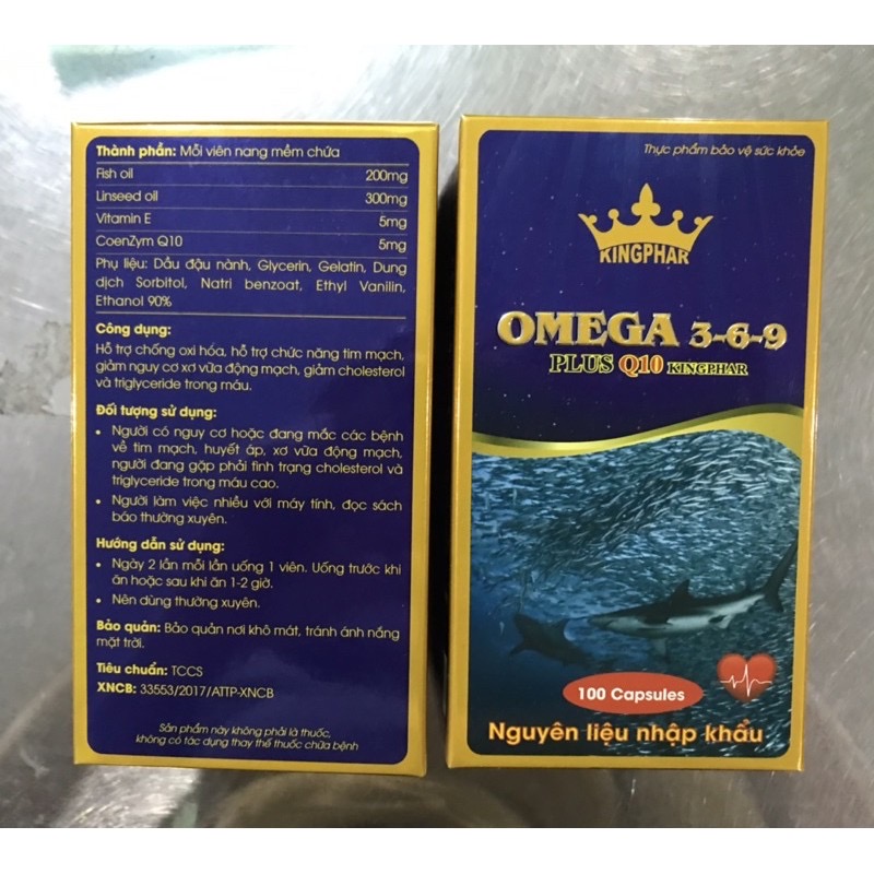 Viên uống Kingphar Omega 3-6-9 plus Q10 , hộp 100v, bổ sung dưỡng chất cho mắt, ổn định tim mạch, huyết áp