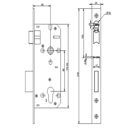 Thân khoá cửa Yale YEM 4585 US15 dòng cao cấp với YCL/45SN, backset 45mm