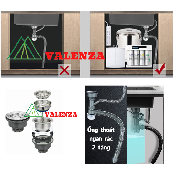 Combo chậu rửa chén bát 1 hố lớn Valenza 7846 inox sus304 chuẩn 100% kèm vòi rửa bát dáng Vuông Valenza sus304, bộ xả to ngăn mùi, khay inox kín-TẶNG BÌNH NƯỚC RỬA CHÉN