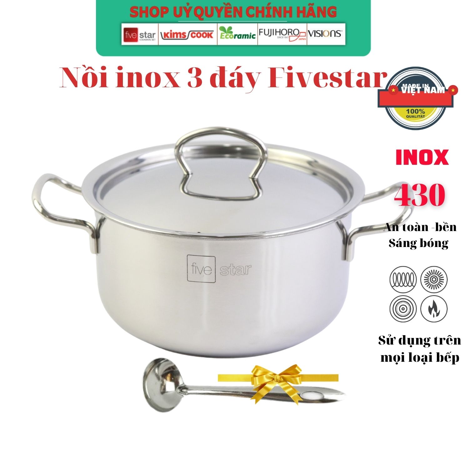 Nồi Inox 3 Đáy Sandwich Inox 430 Fivestar Standard Bếp Từ Nắp Kính Tặng 2 Vá Canh - 16Cm