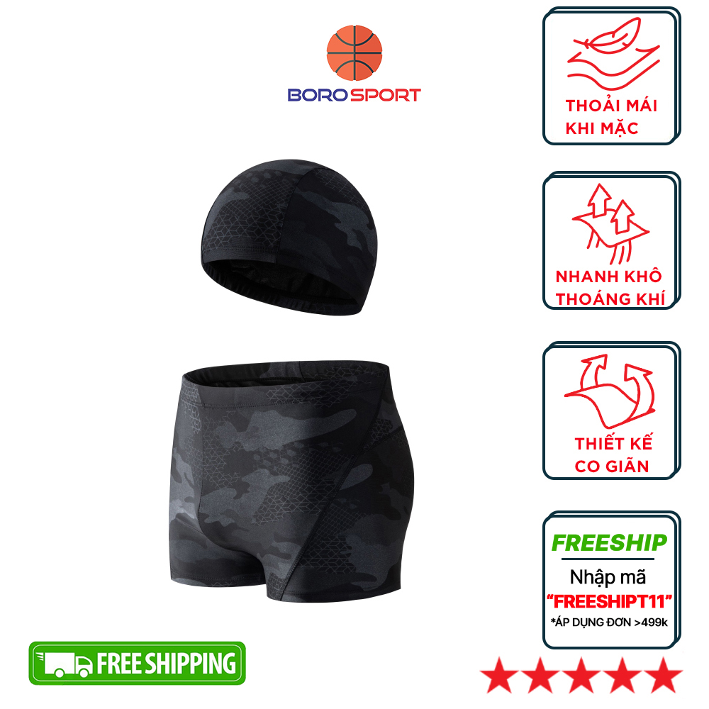 Quần bơi nam boxer Cleacco màu đen Camo , chất vải Poly co giãn 4 chiều , thoáng khí , thoát nước nhanh BORO SPORT - Tặng nón bơi vải