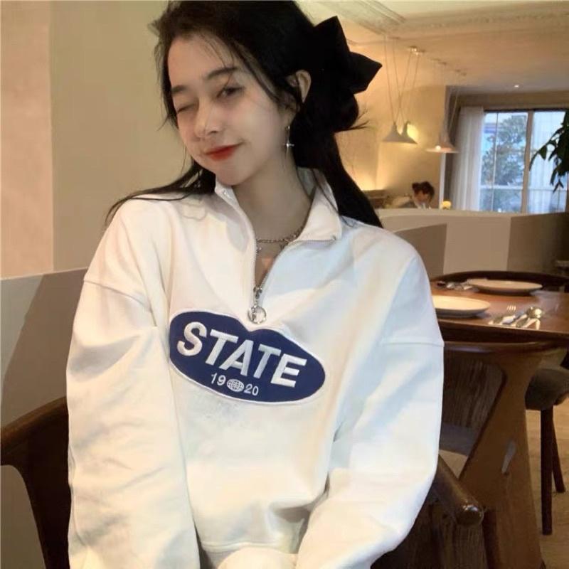 Áo Polo Cao Cổ Khoá Kéo Dáng Ngắn Tay Bồng Thêu Chữ STATE Vải Mềm Mịn Đẹp SWEATER