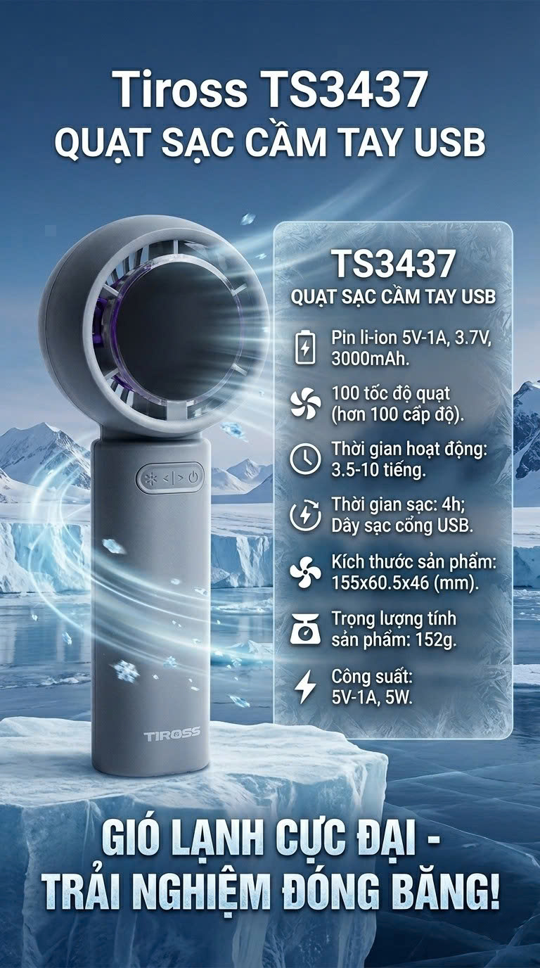 Quạt sạc cầm tay USB Tiross TS3437 Pin 3000mAh - Hàng chính hãng