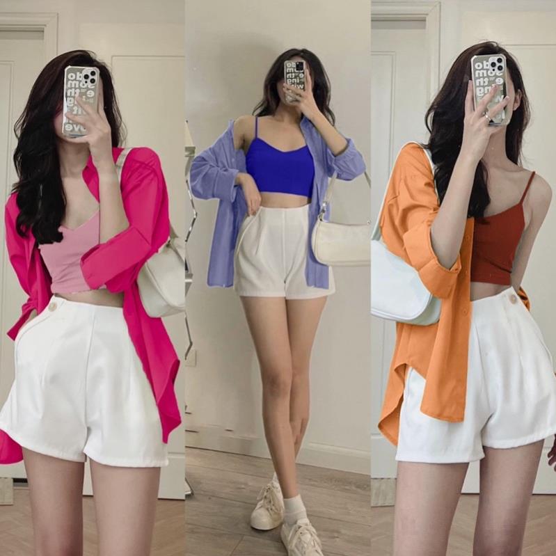 Set áo croptop bra 2 dây phối áo khoác sơ mi kèm quần shorts trắng