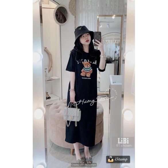 Đầm suông nữ nữ cộc tay mùa hè in hình con gấu 2 màu
