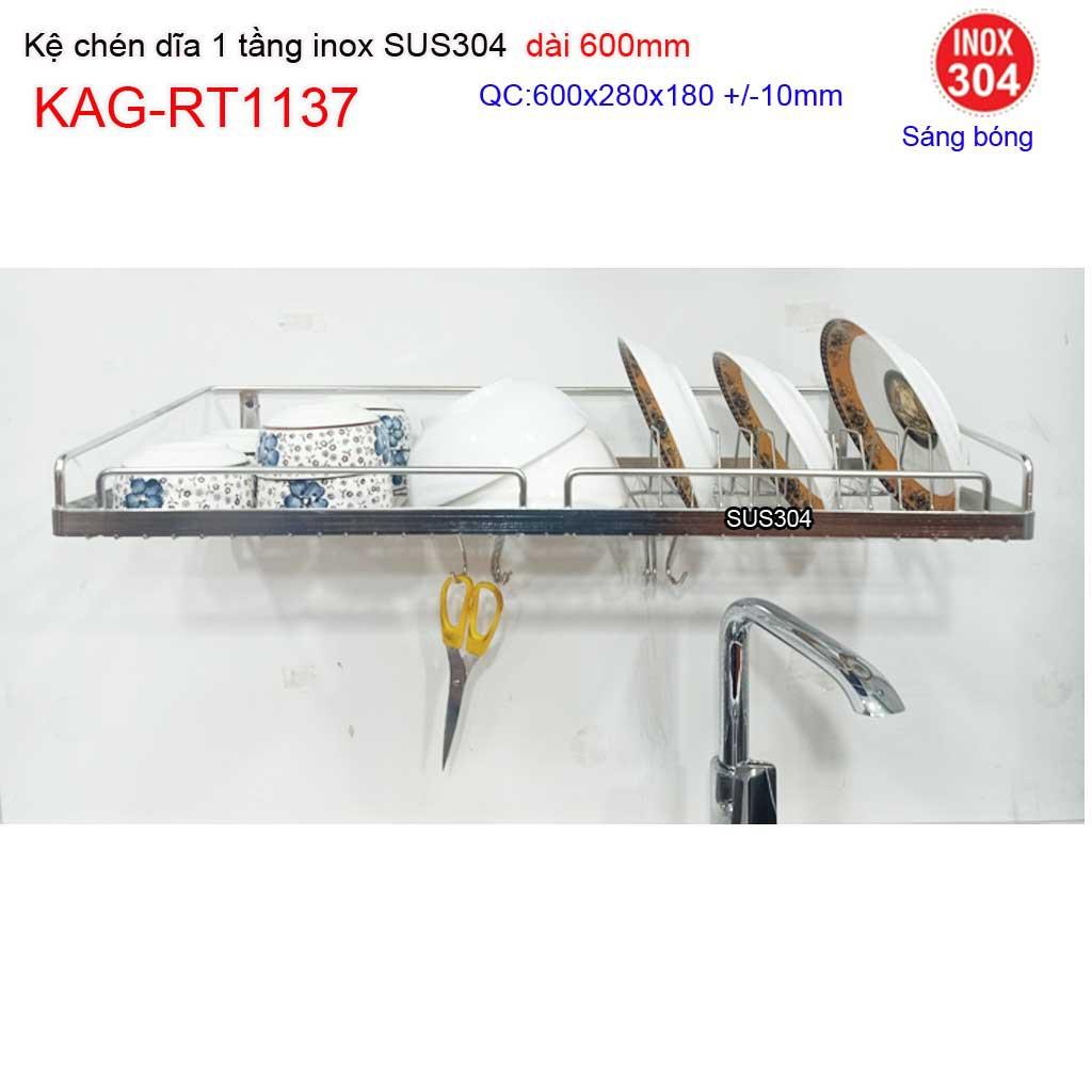 Kệ đựng chén bát inox SUS304, kệ úp chén dĩa 1 tầng dài 60cm inox KAG-RT1137