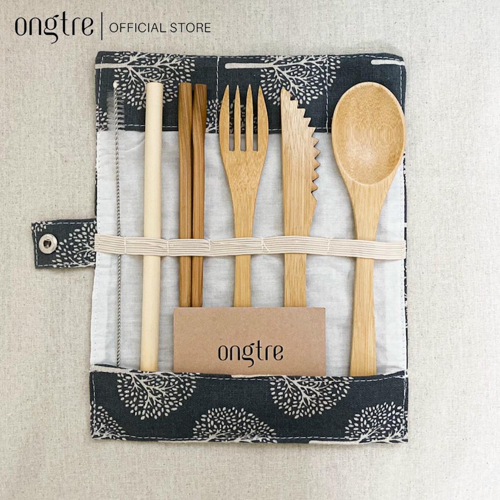 Set 7 món Tre (dao, muỗng, nĩa, đũa, cọ rửa, túi vải) du lịch tiện lợi (Bamboo Travel Utensil Pouch) | ongtre (Vietnam)