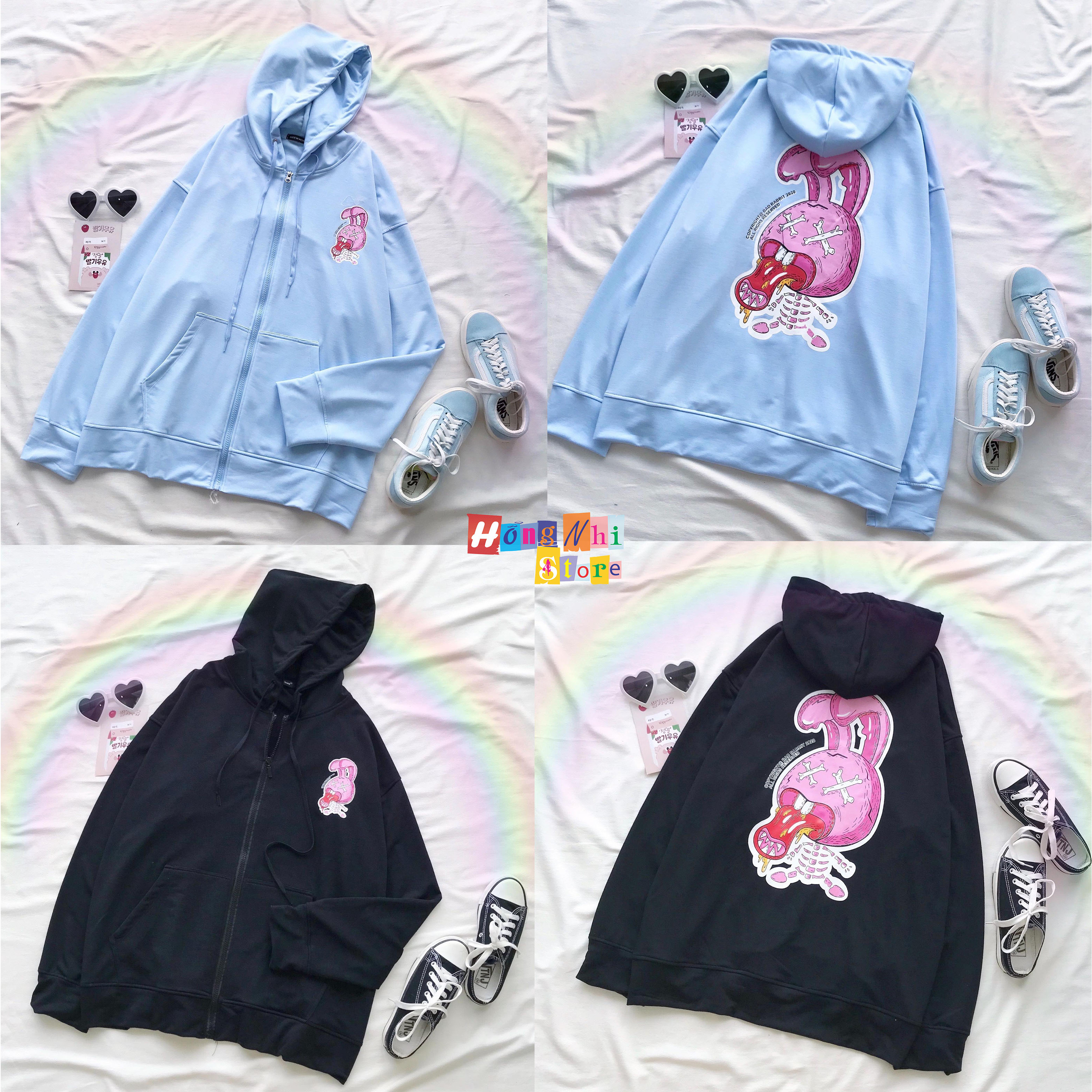 Áo Khoác Hoodie Zip In Hình Thỏ Hồng Oversize Ulzzang Unisex Dáng Rộng - MM