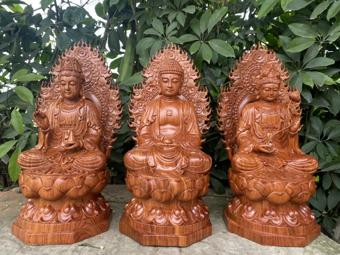 Bộ tượng phật tam thánh ngồi đài sen bằng gỗ hương kt cao 30×15×16cm