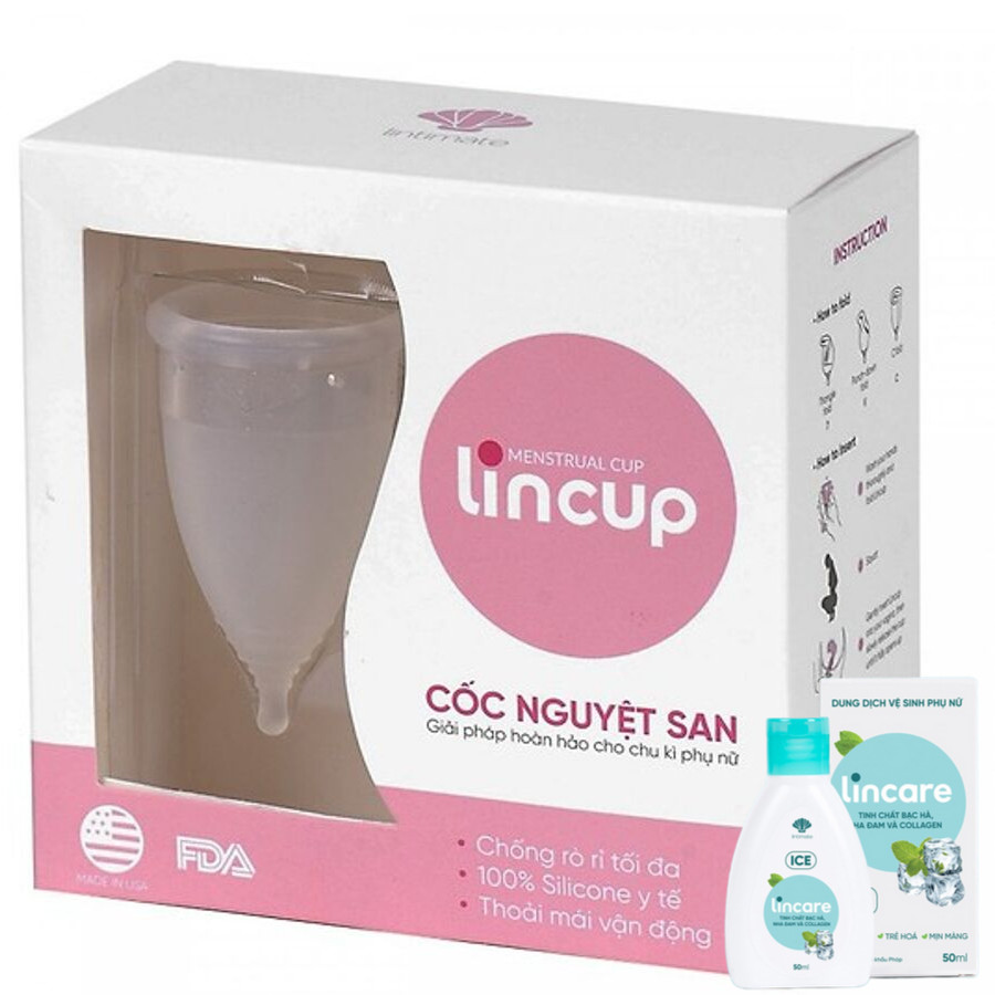 Bộ sản phẩm Cốc Nguyệt San Lincup Plus + tặng kèm dung dịch vệ sinh phụ nữ Lincare Ice