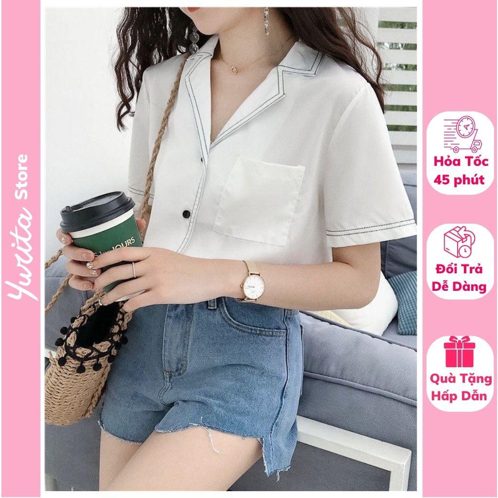 Áo Sơ Mi Nữ Form Rộng Cổ Vest YURITA Tay Ngắn Kiểu Công Sở, Phong Cách Hàn Quốc Viền Cổ Freesize