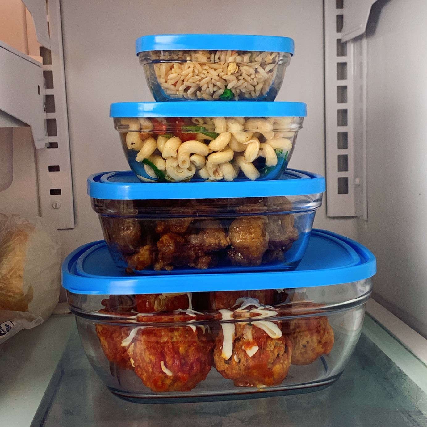 Bộ Hộp thực phẩm D9015A Duralex - Freshbox nắp xanh Blue 5 size Thủy tinh cường lực Pháp