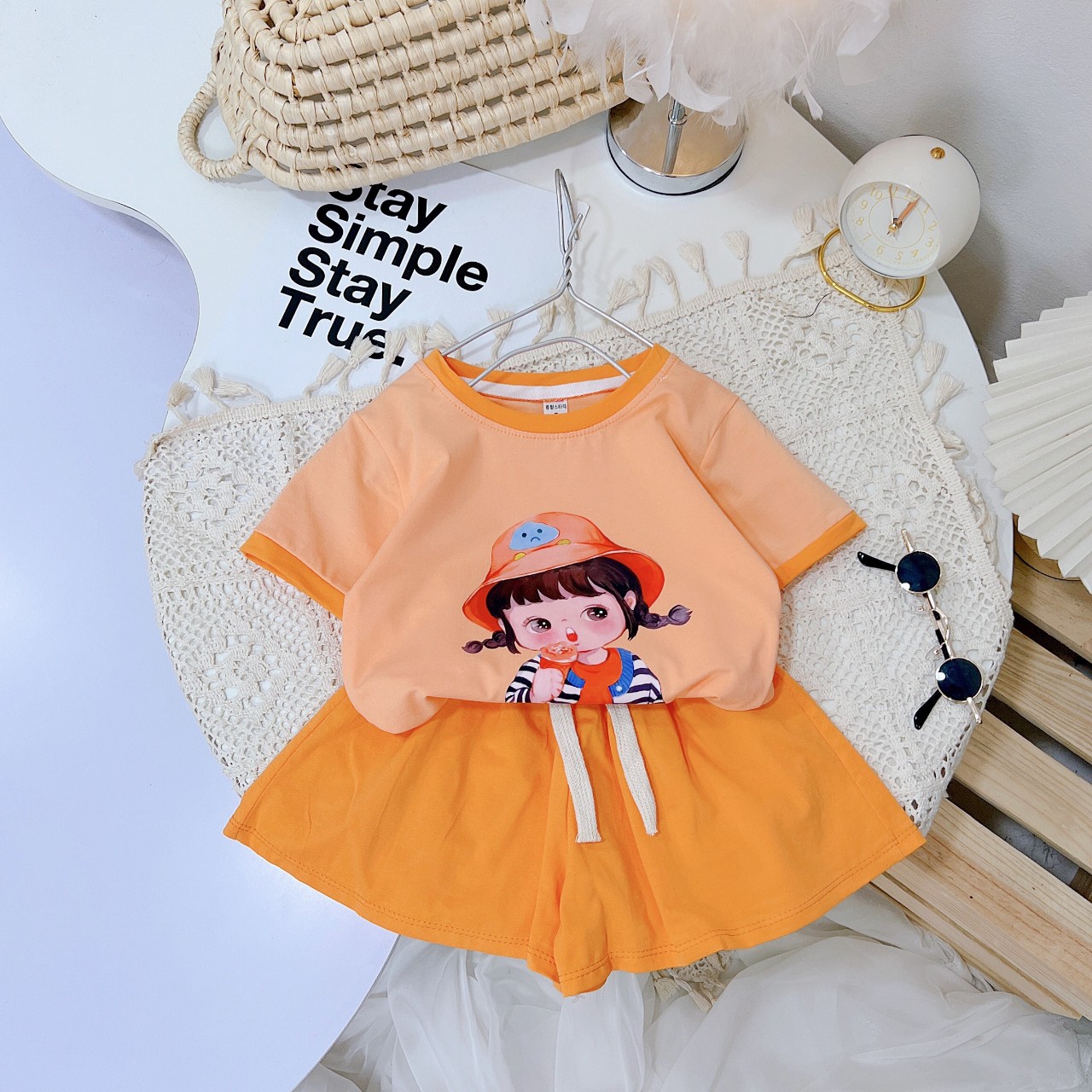 Bộ cộc in hình bé gái, bộ cotton 4 chiều mùa hè cho bé đi học, đi chơi