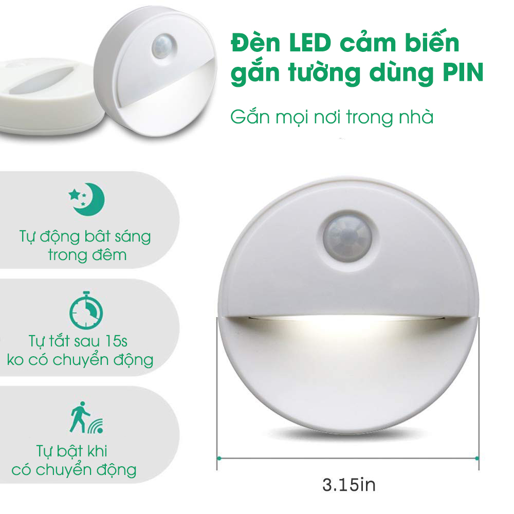 Đèn LED gắn tường cảm biến chuyện động thông minh dùng Pin gắn tường cầu thang, đèn găn tủ quần áo, gầm giường GIao ngẫu nhiên Ánh sáng trắng và ánh sáng vàng