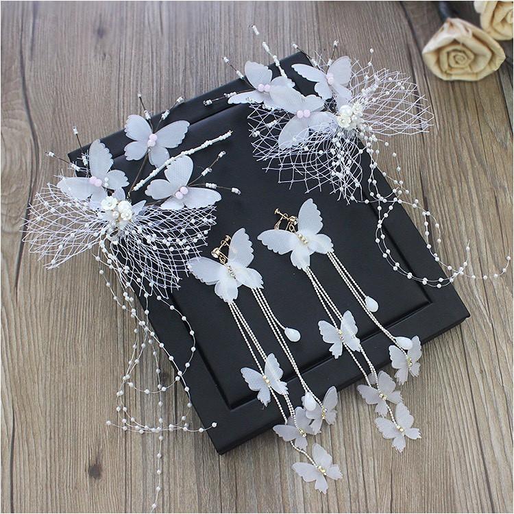 Bộ hai cài tóc cô dâu bướm voan lưới trắng kèm bông tai GIANGPKC SP220518 Cài tóc cô dâu mẫu mới 11-2020